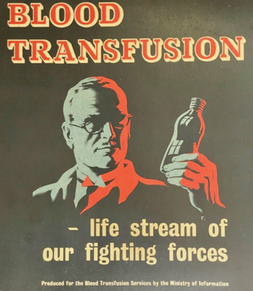Ministry of Information poster from the Second World War designed as part of a publicity campaign to encourage civilians to donate blood to Britain's Army Blood Transfusion Service
