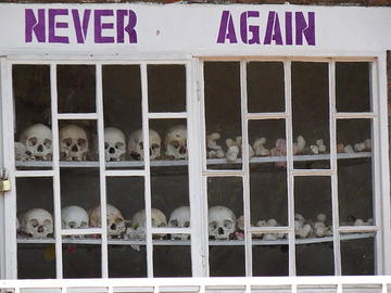 never again  with display of skulls of victims  courtyard of genocide memorial church  karongi kibuye  western rwanda 